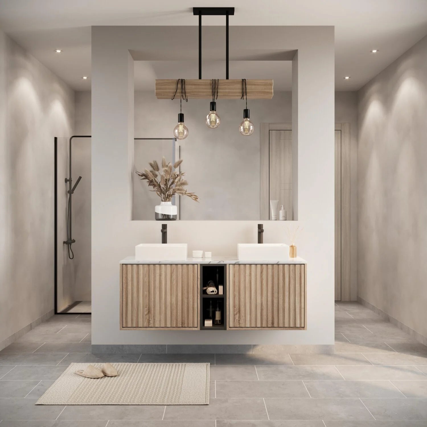 Scudo Alfie 1400mm Sonoma Oak Fluted Double Vanity Unit and Countertop Basins lifestyle