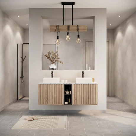Scudo Alfie 1400mm Sonoma Oak Fluted Double Vanity Unit and Countertop Basins lifestyle