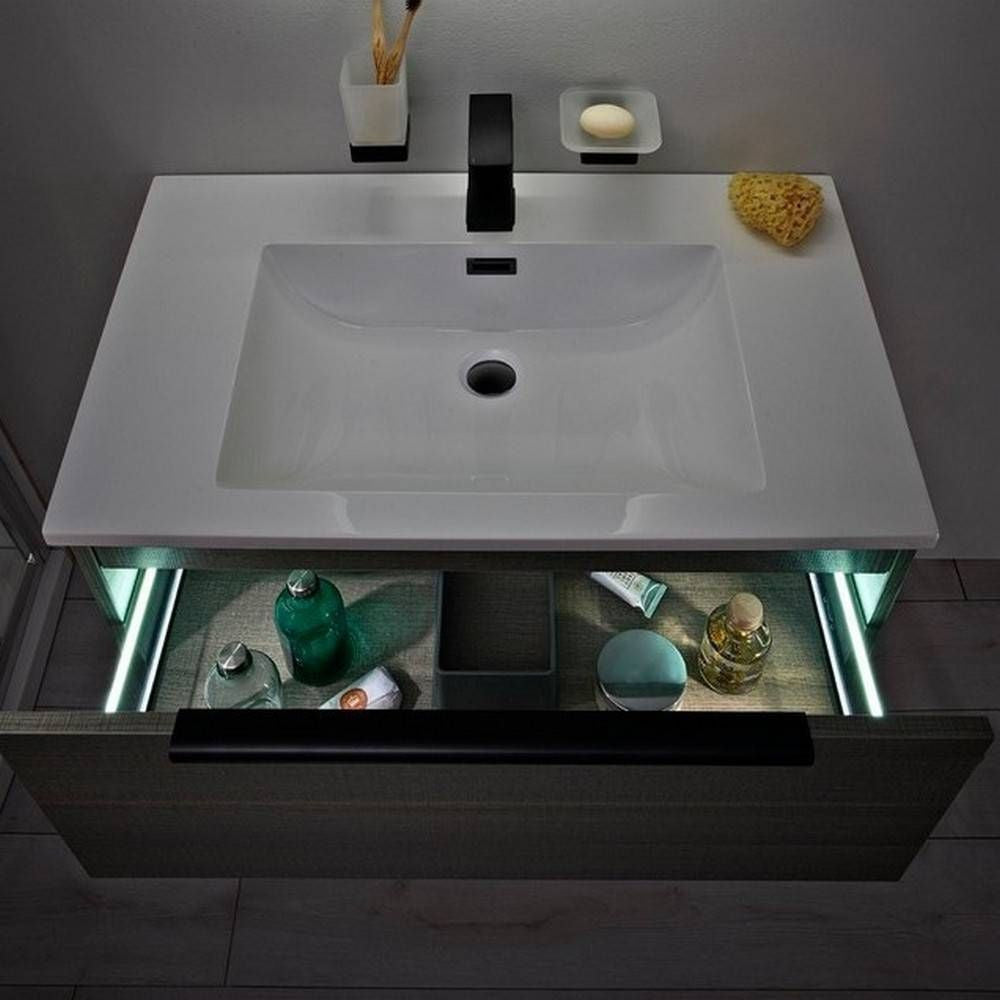 Scudo Ambience 800mm Rustic Oak Wall Mounted LED Vanity Unit with Basin drawer