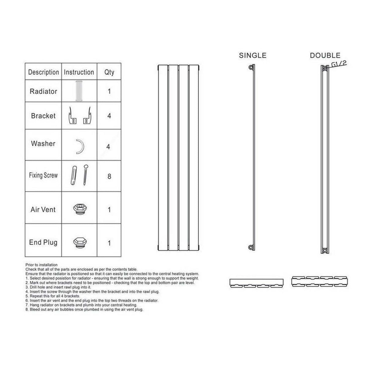 Scudo Apex 1800 x 236mm Vertical Single Designer Radiator in White line