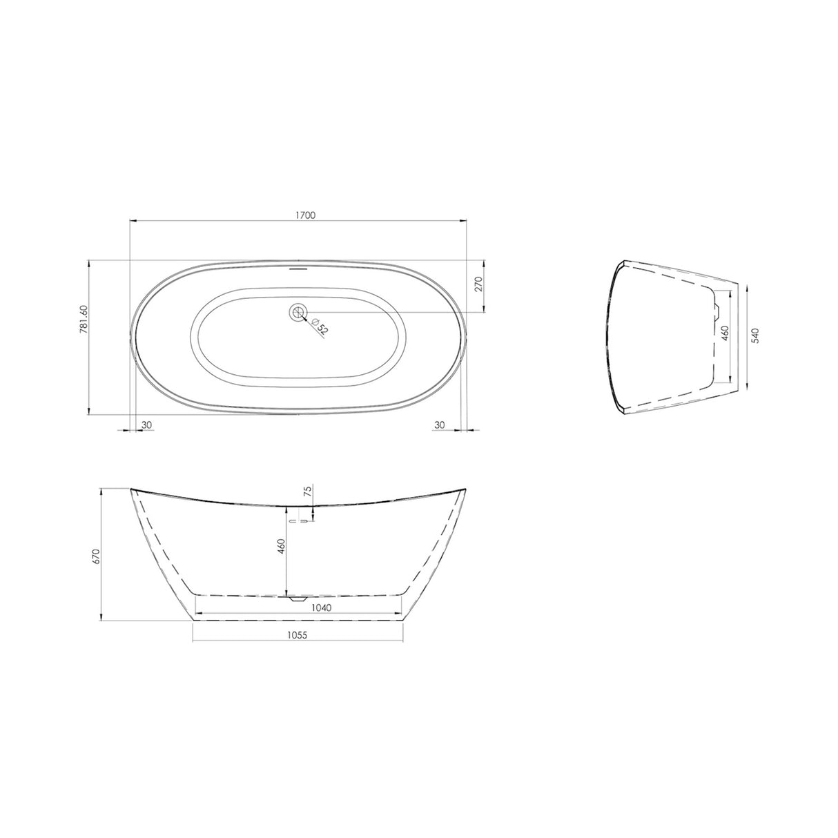 Scudo Aruba 1700 x 800mm Freestanding Bath in Gloss White dimensions