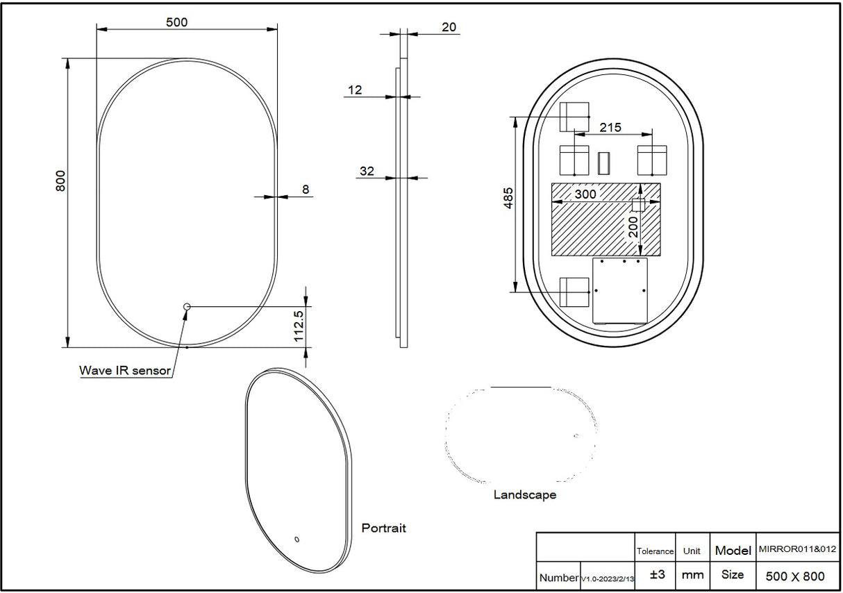 Scudo Aubrey 500 x 800mm Black LED Mirror dimensions