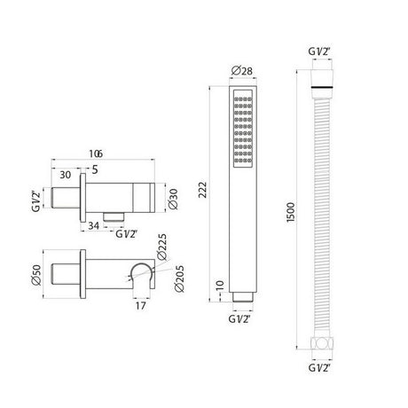 Scudo Black Squared Outlet Elbow with Shower Hose and Handset dimensions