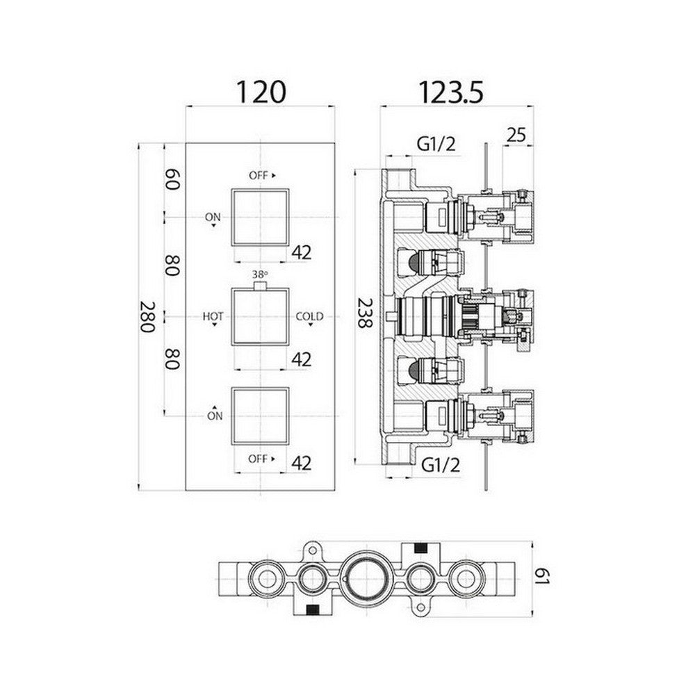 Scudo Black Triple Squared Handle Concealed Shower Valve Dimenions