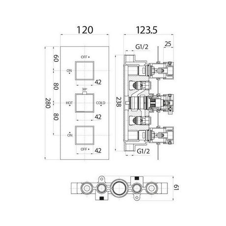 Scudo Black Triple Squared Handle Concealed Shower Valve Dimenions