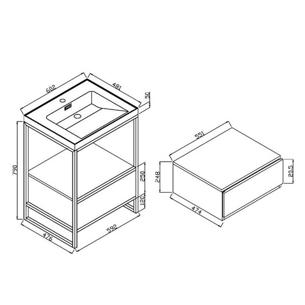 Scudo Boho 600mm Floorstanding Basin with Drawer and Black Frame Dimensions