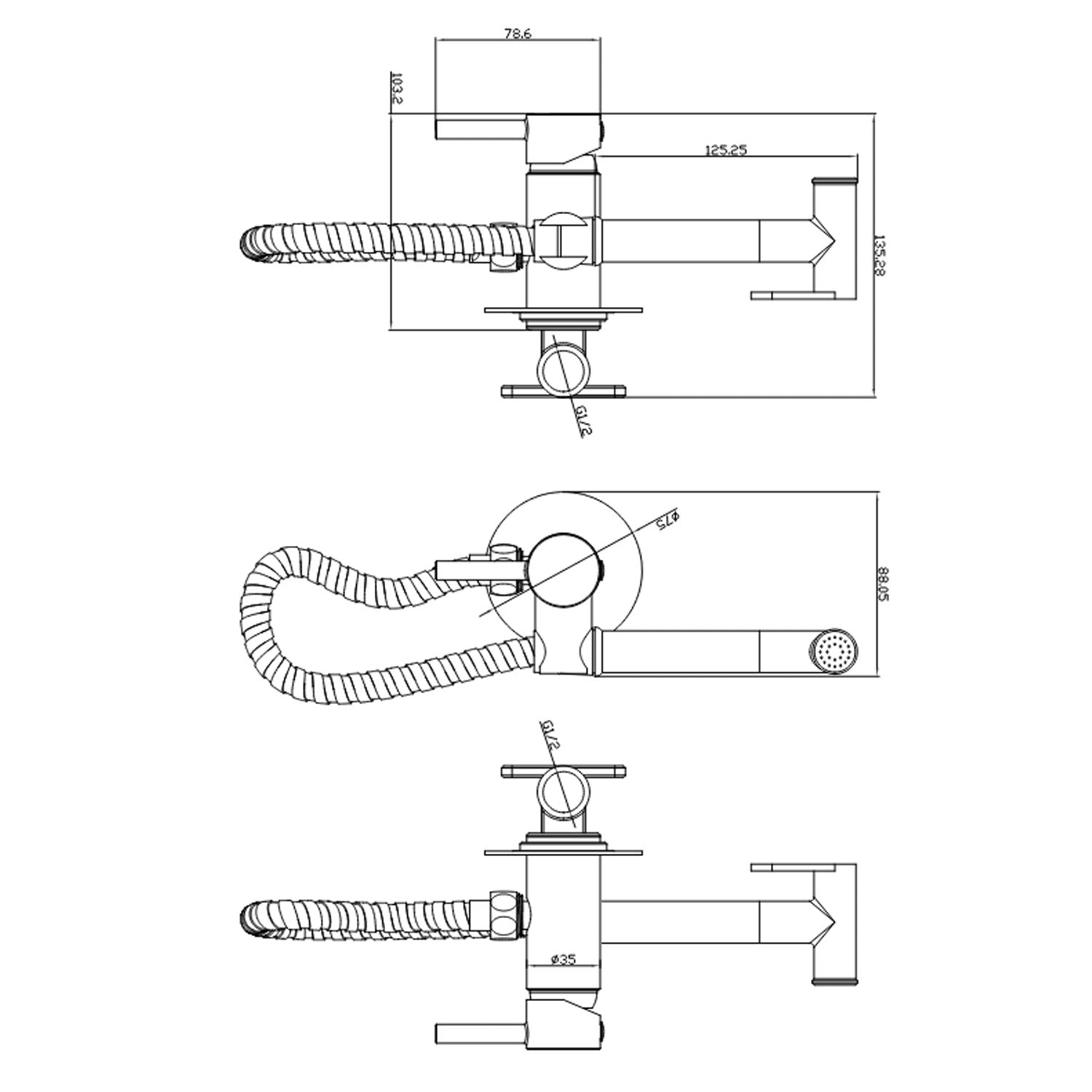 Scudo Brushed Nickel Douche Handset with Outlet Elbow Manual Mixer dimensions