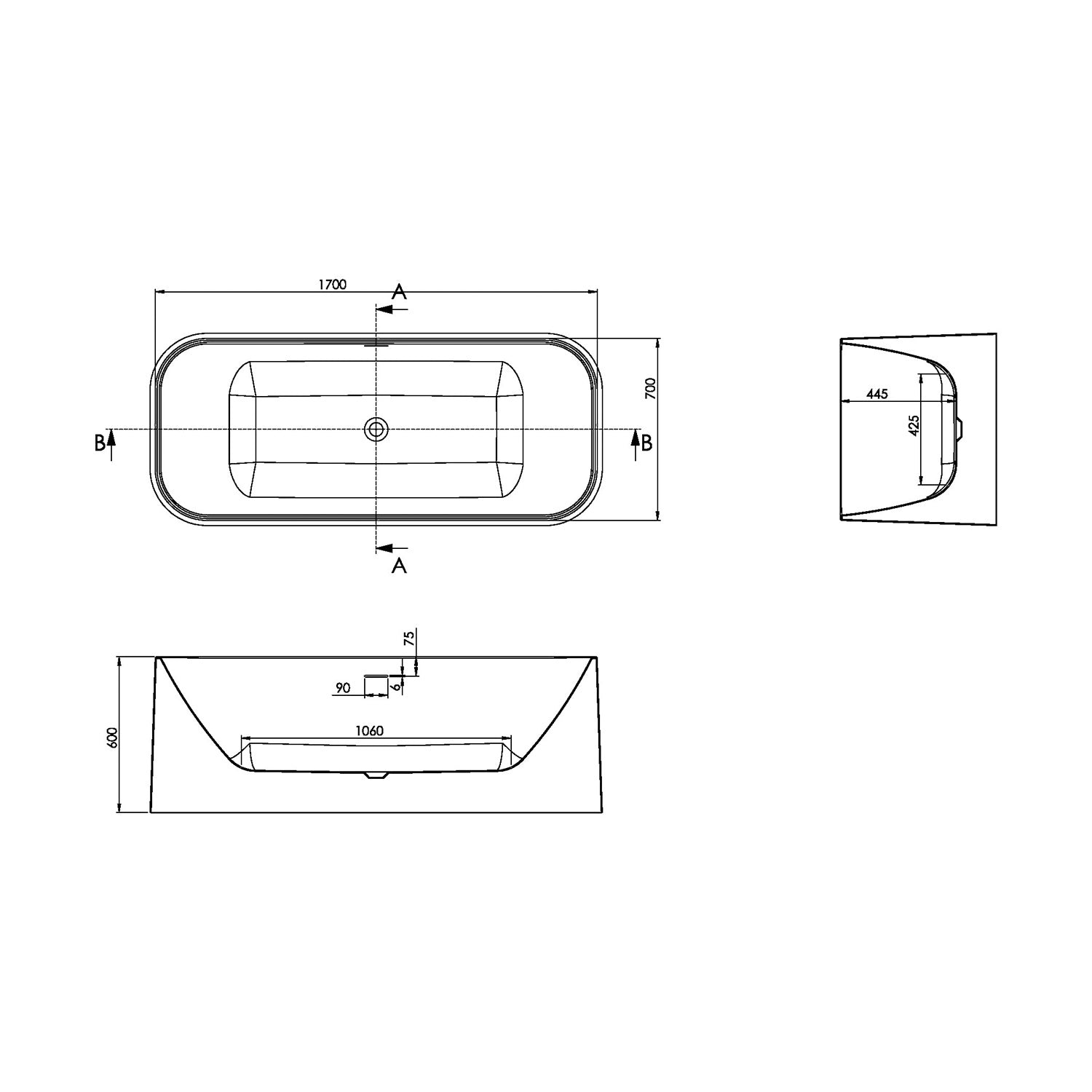 Scudo Choices 1700 x 700mm Freestanding Bath in Gloss White lifestyle dimensions