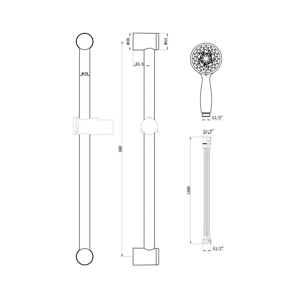 Scudo Chrome Round Riser Rail Kit with Multi Function Handset Dimensions