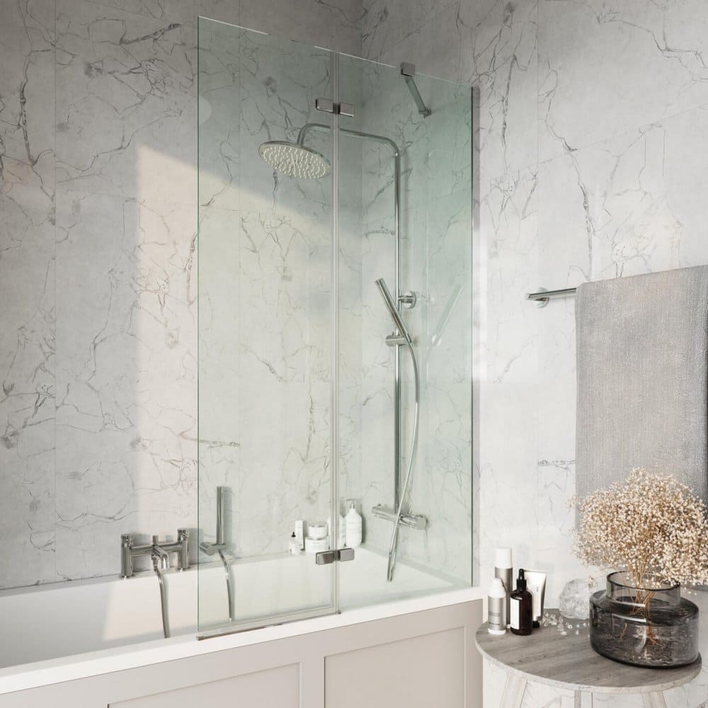 SCREEN006 Scudo Chrome Square 900mm Pivot Bath Screen and Fixed Panel (1)