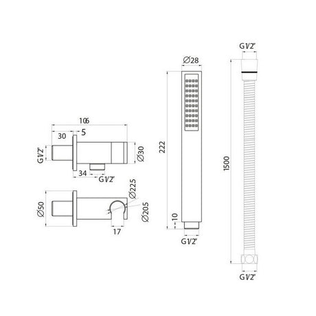 Scudo Chrome Squared Outlet Elbow with Shower Hose and Handset Dimensions