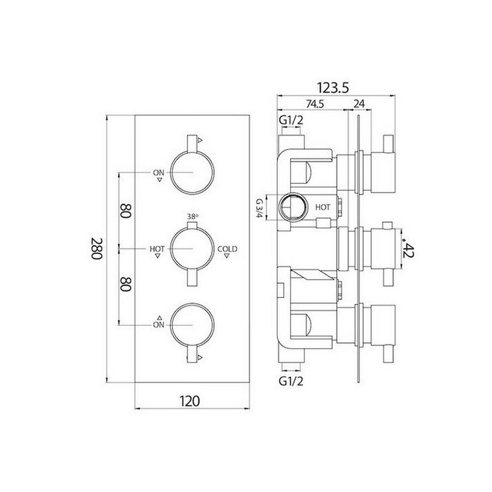 Scudo Chrome Triple Round Handle Concealed Shower Valve Dimensions