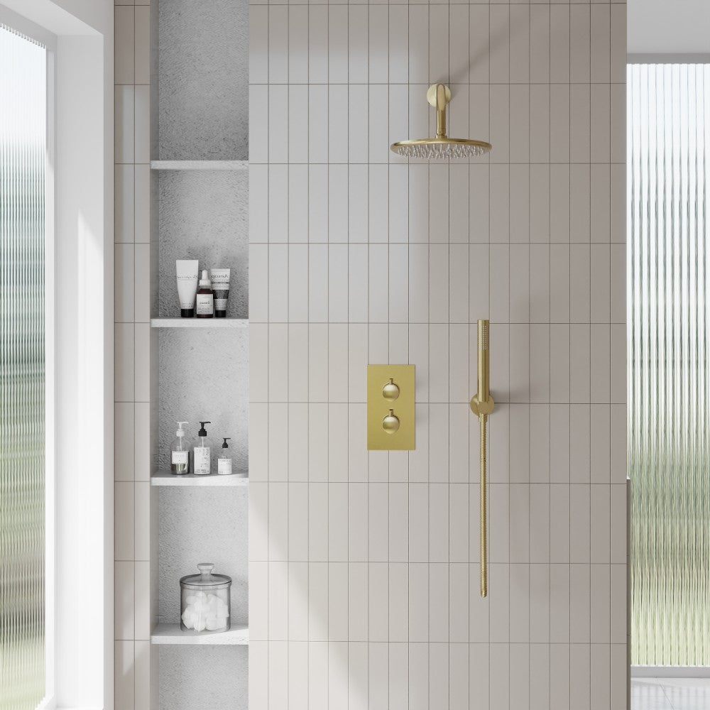 Scudo Core Brushed Brass Concealed Shower with Fixed Head and Handset lifestyle 1