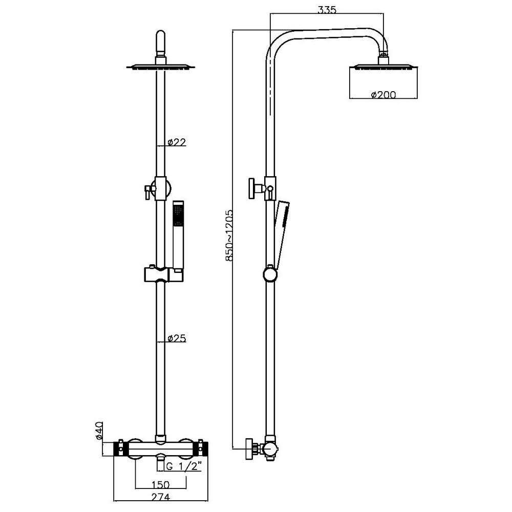 NU-021 Scudo Core Brushed Brass Round Rigid Riser Shower Line Drawing