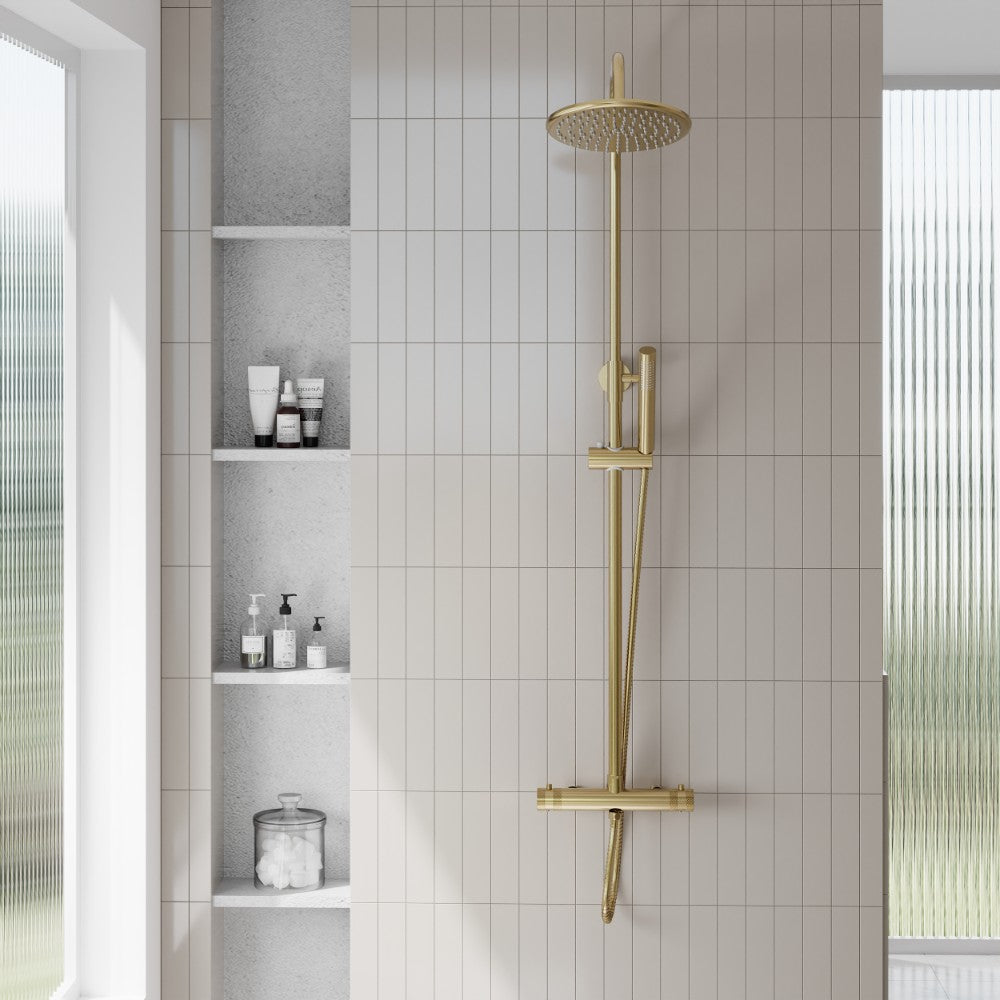 Scudo Core Brushed Brass Round Rigid Riser Shower lifestyle 1