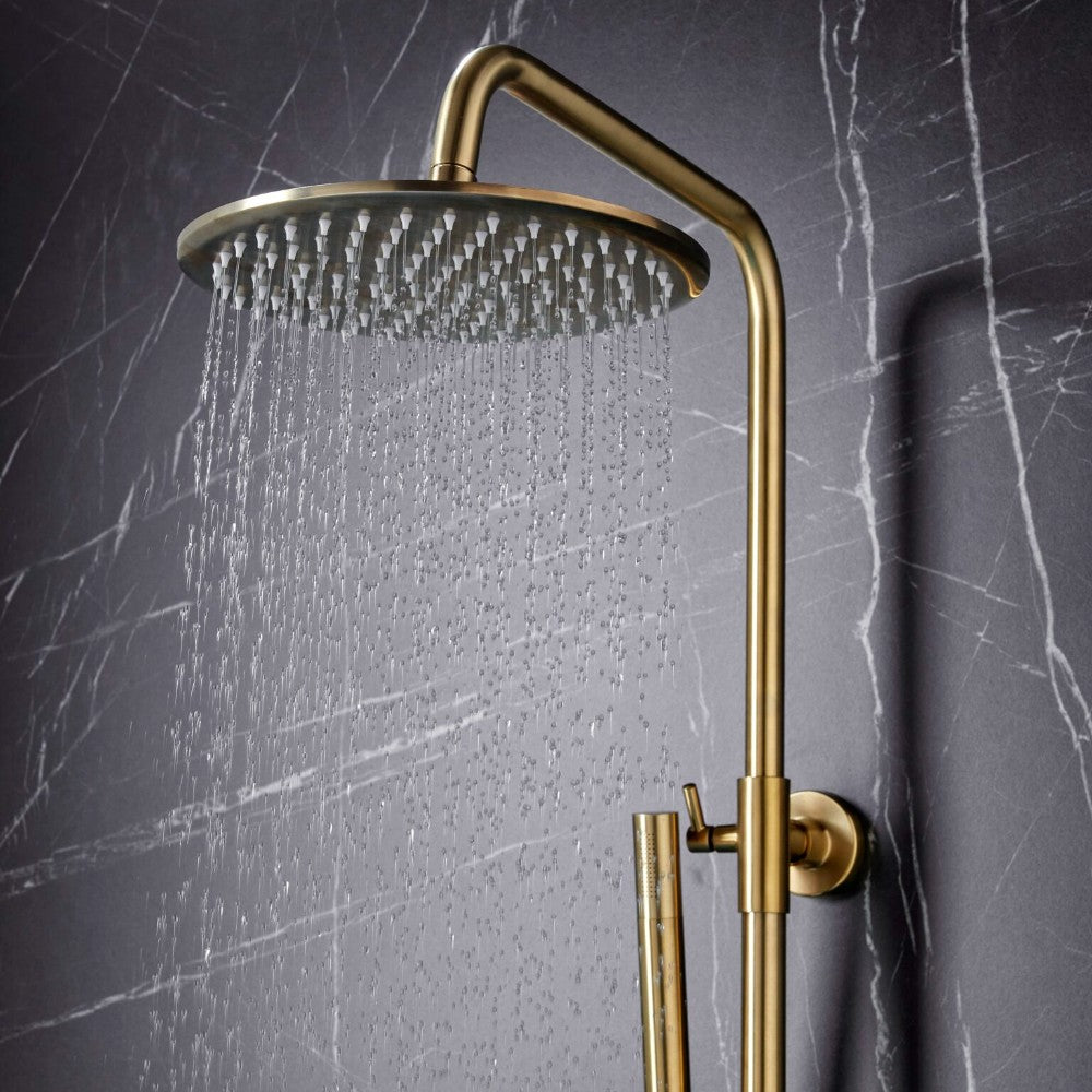 Scudo Core Brushed Brass Round Rigid Riser Shower lifestyle 3