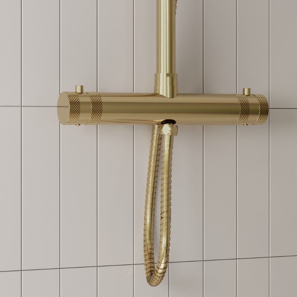 Scudo Core Brushed Brass Round Rigid Riser Shower lifestyle 5