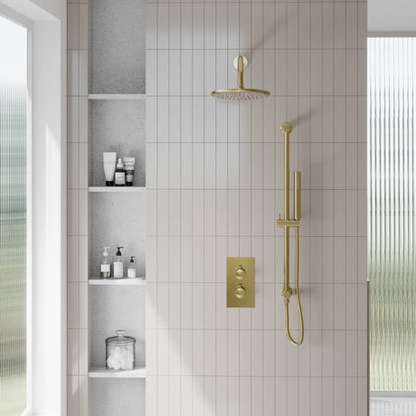 Scudo Core Brushed Brass Round Valve with Riser Kit and Head lifestyle 1