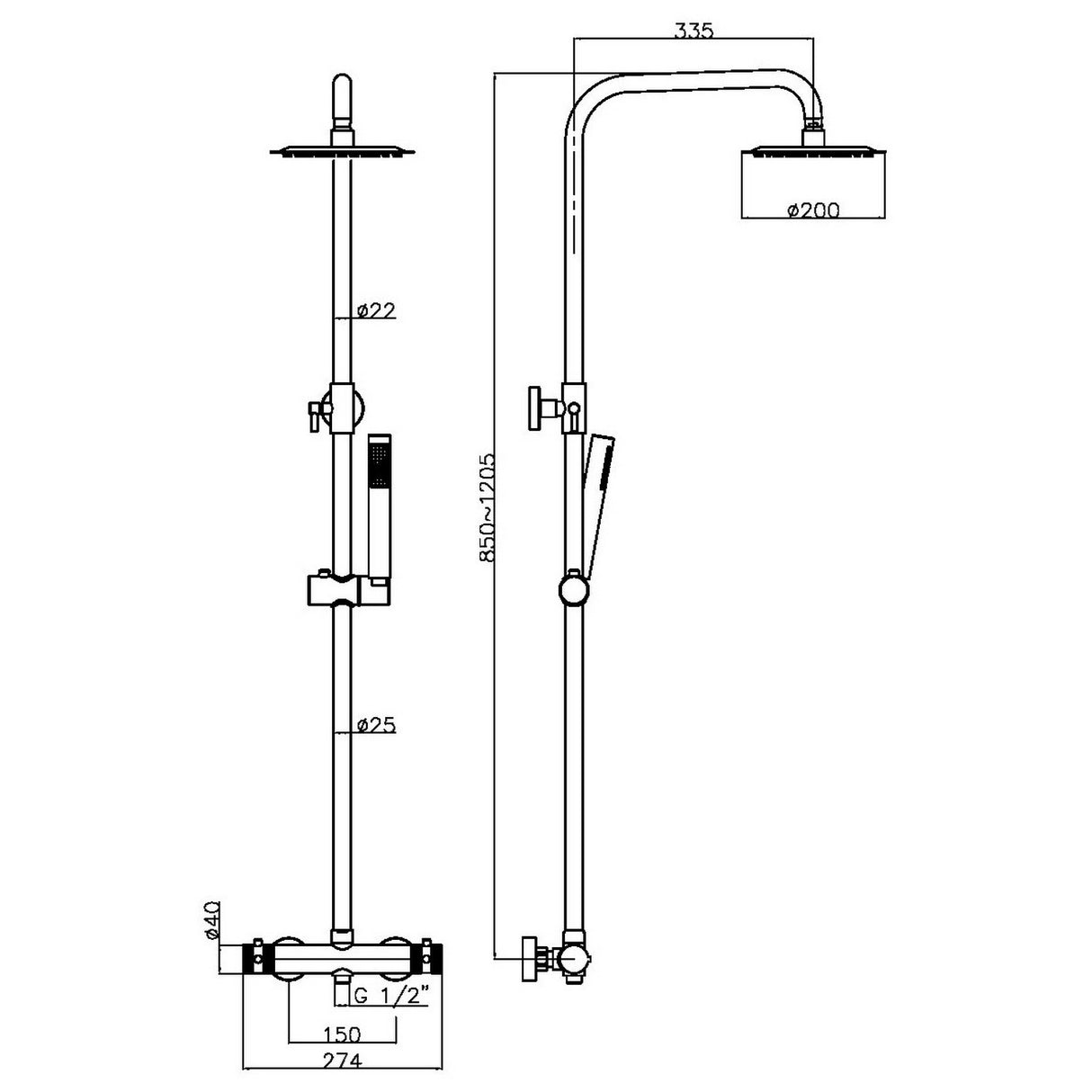 Scudo Core Brushed Nickel Round Rigid Riser Shower dimensions