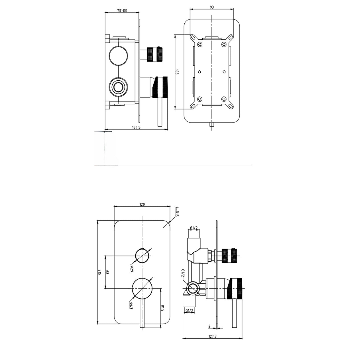 Scudo Core Concealed Manual Dual Outlet Shower Valve in Chrome dimensions