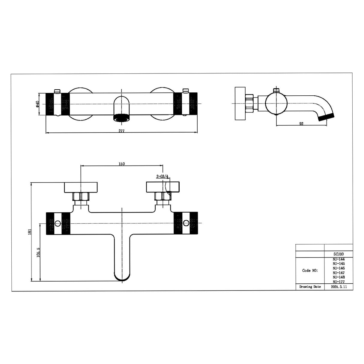 Scudo Core Wall Mounted Bath Filler in Brushed Nickel dimensions