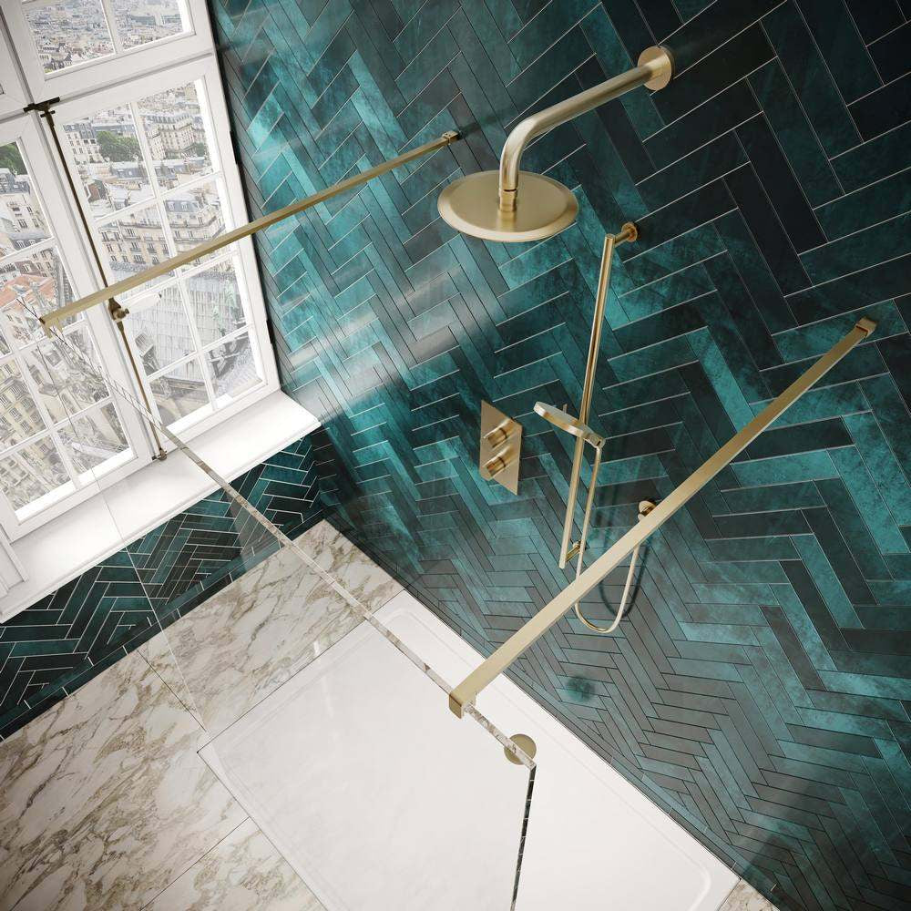 Scudo Dawn Minos Frameless Brushed Brass Wetroom Panel Closeup