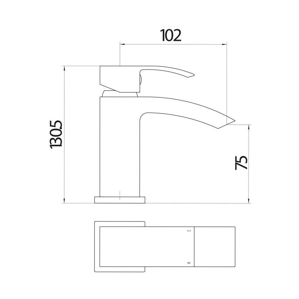 TAP034L Scudo Descent Chrome Mini Mono Basin Mixer with Push Waste Line Drawing