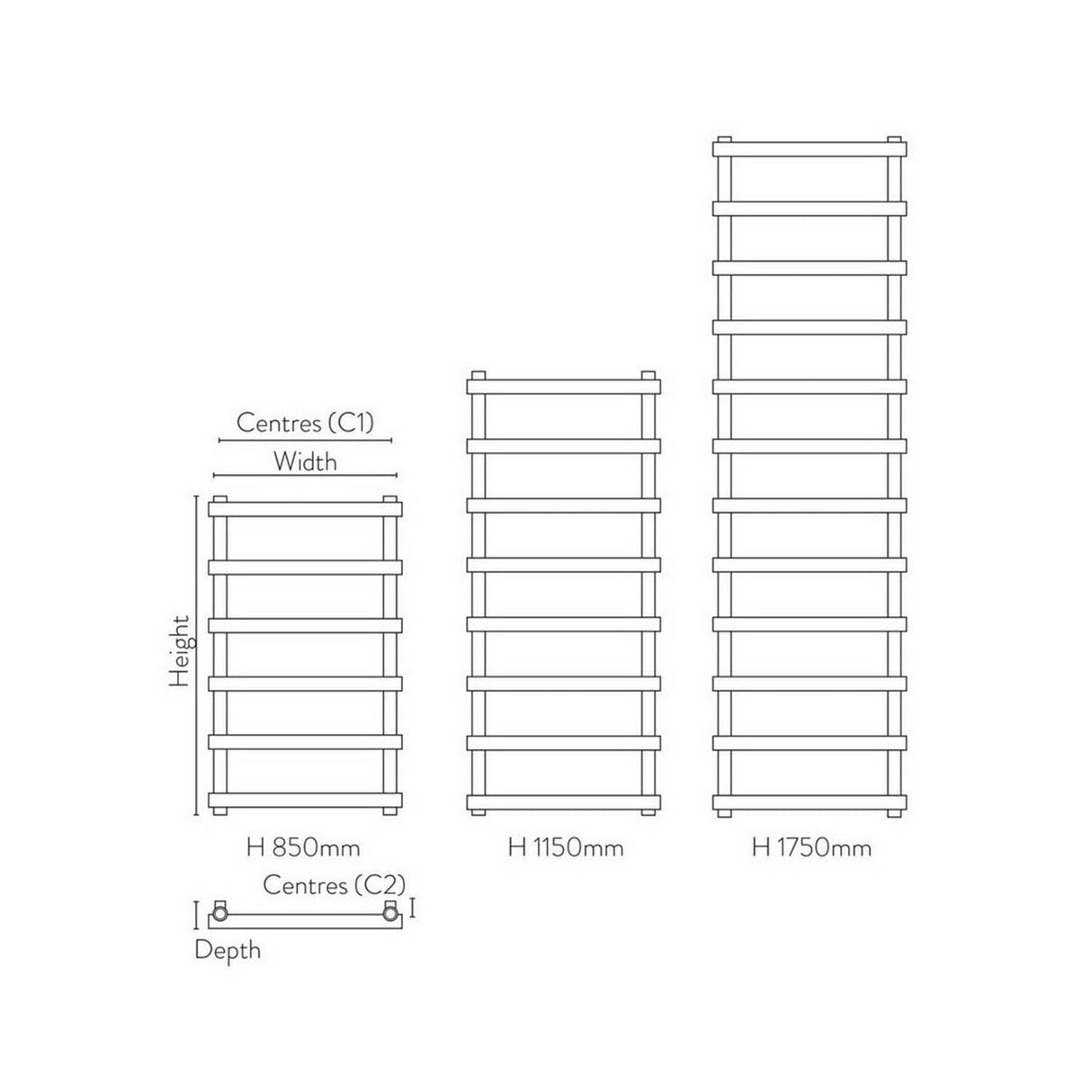 Scudo Izem 1750 x 500mm Designer Towel Radiator in Carbon Anthracite dimensions