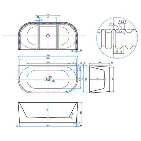Scudo Labyrinth 1700 x 780mm Fluted Back to Wall Bath dimensions
