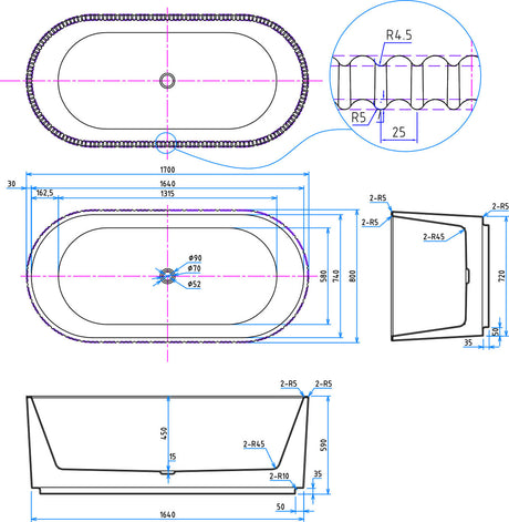 Scudo Labyrinth Fluted 1700 x 800mm Back to Wall Bath in Gloss White dimensions