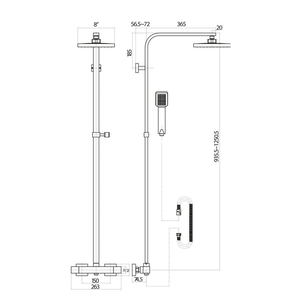 Scudo Lunar Square Black Rigid Riser Shower dimensions
