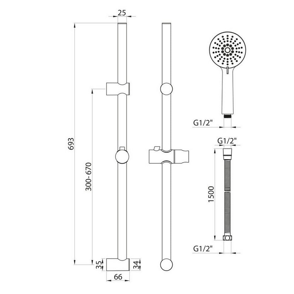 Scudo Middleton Chrome Riser Rail Kit with Adjustable Brackets Dimensions
