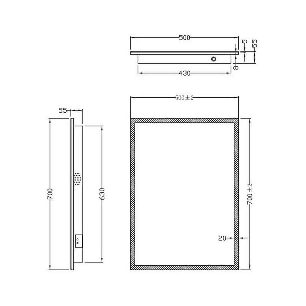 Scudo Mosca 500 x 700mm Bluetooth LED Mirror with Demister Pad and Shaver Socket dimensions