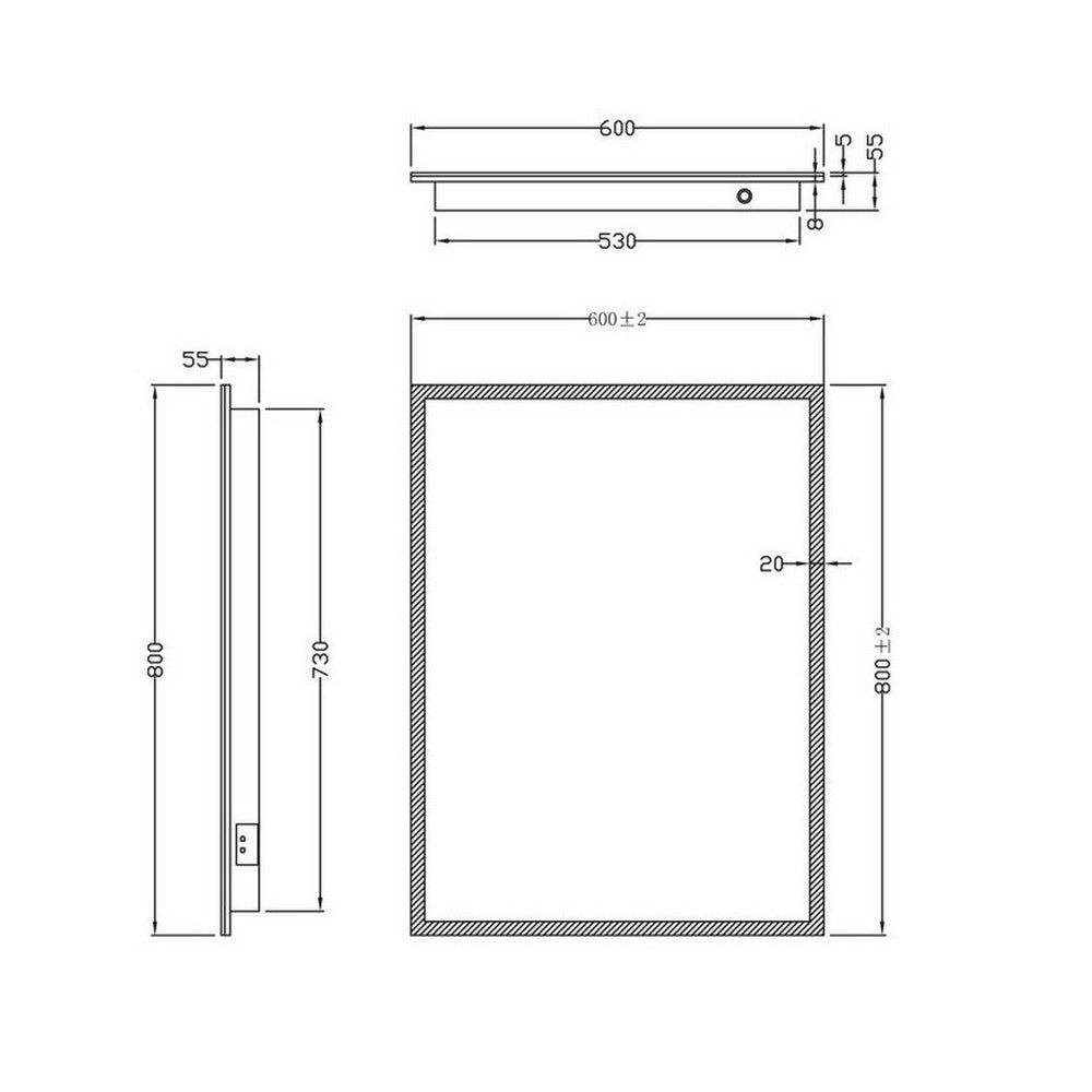 Scudo Mosca 600 x 800mm LED Mirror with Demister Pad and Shaver Socket dimensions