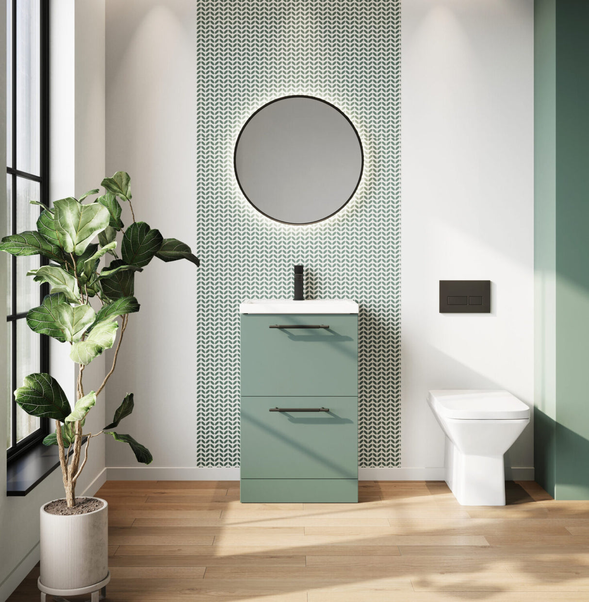 Scudo Muro Plus Floorstanding 600mm Vanity Unit with Basin in Reed Green lifestyle 1