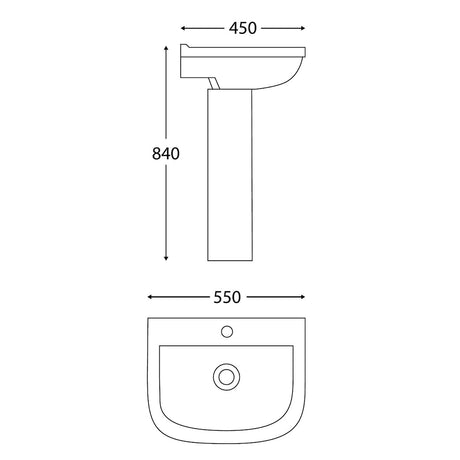 Scudo Porto 550mm One Tap Hole Basin dimensions