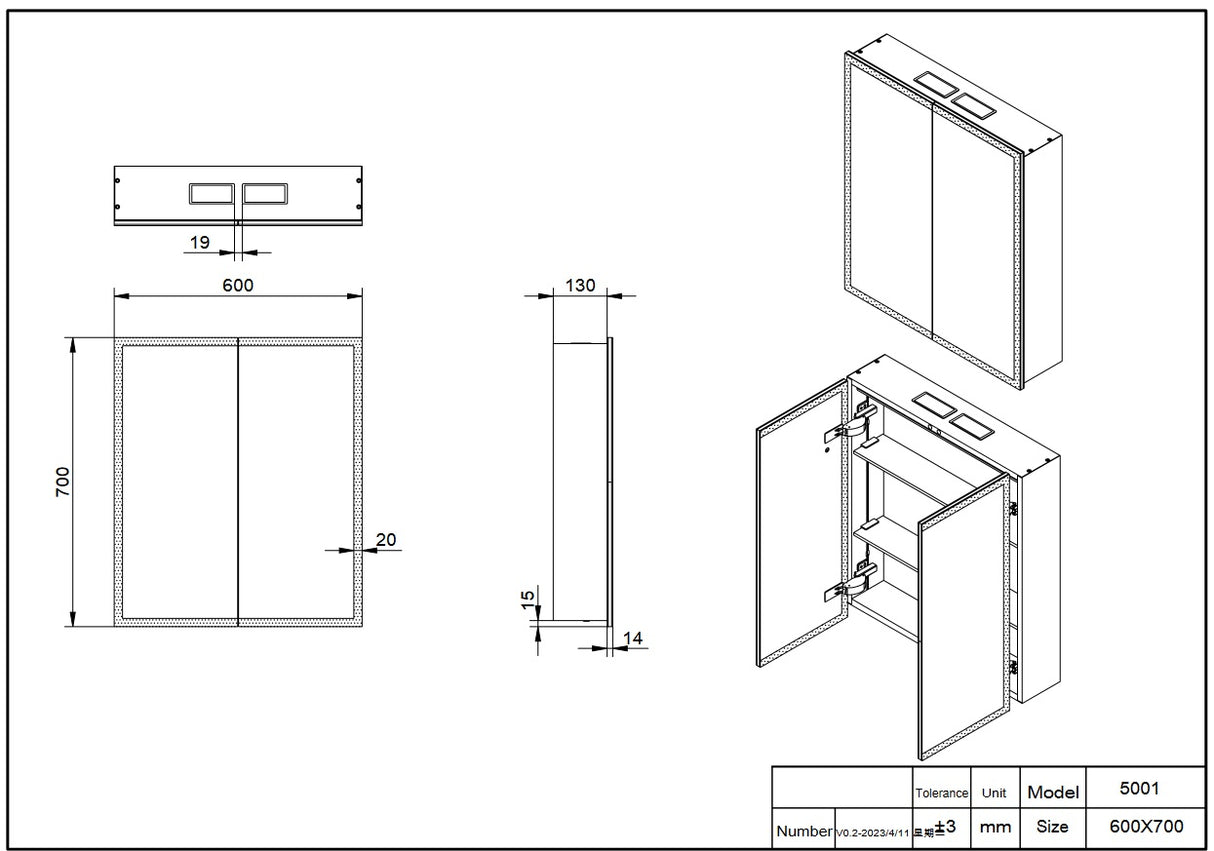 Scudo Prospr 600 x 700mm LED Double Door Mirror Cabinet with Bluetooth dimension