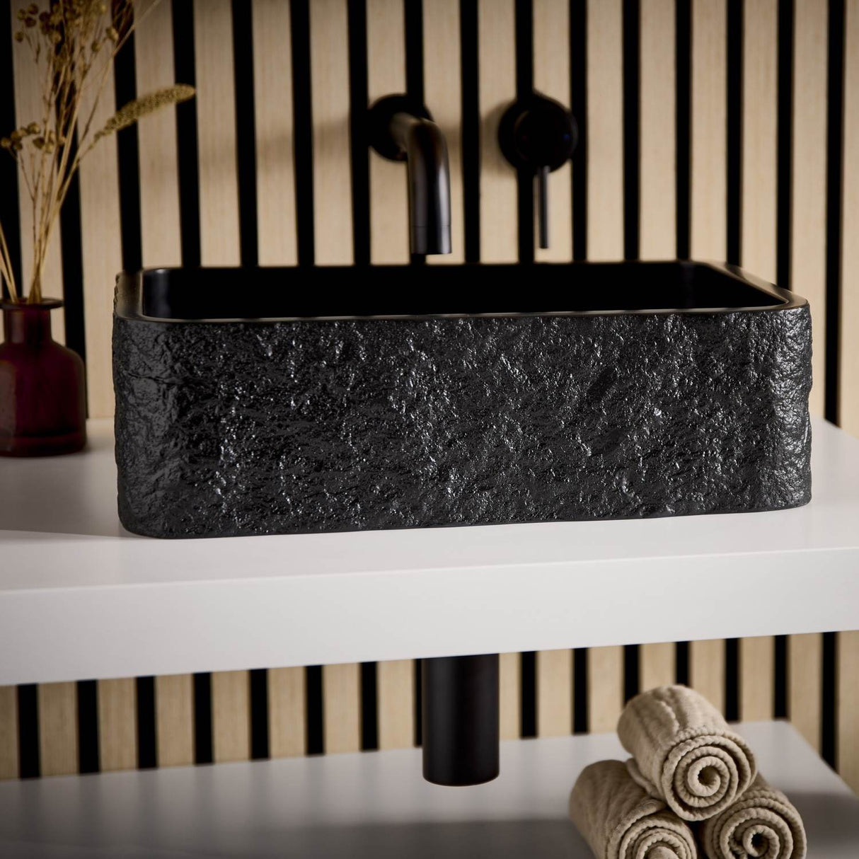 Scudo Rok Rectangular Countertop Basin in Black lifestyle 3
