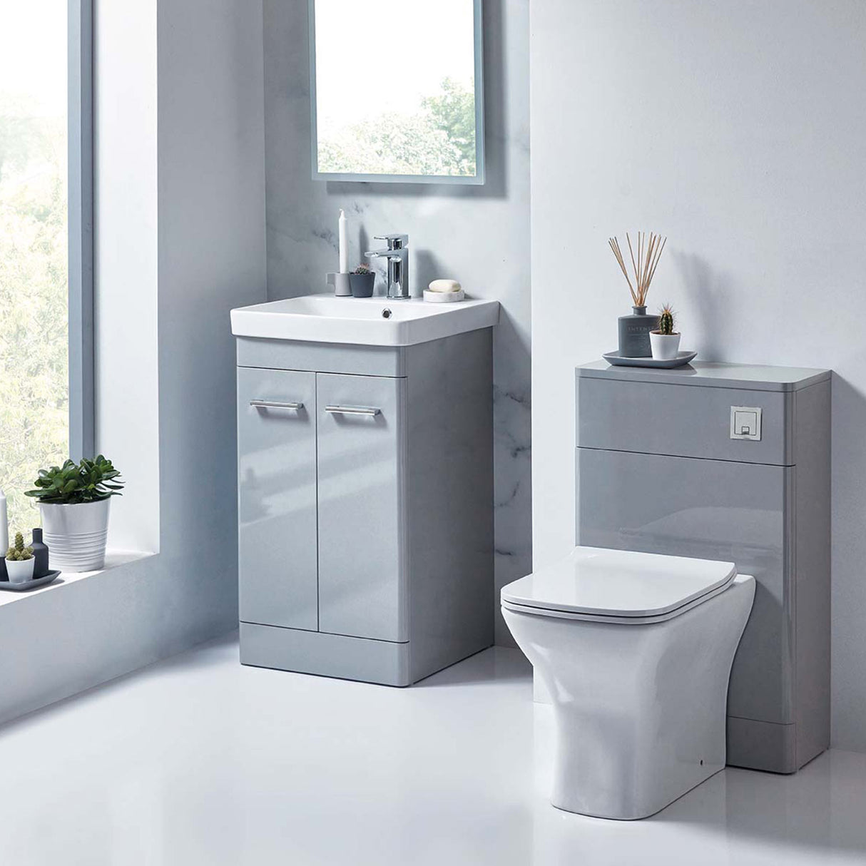 Scudo Rossini Back to Wall 500mm WC Unit in Gloss Pebble Grey lifestyle