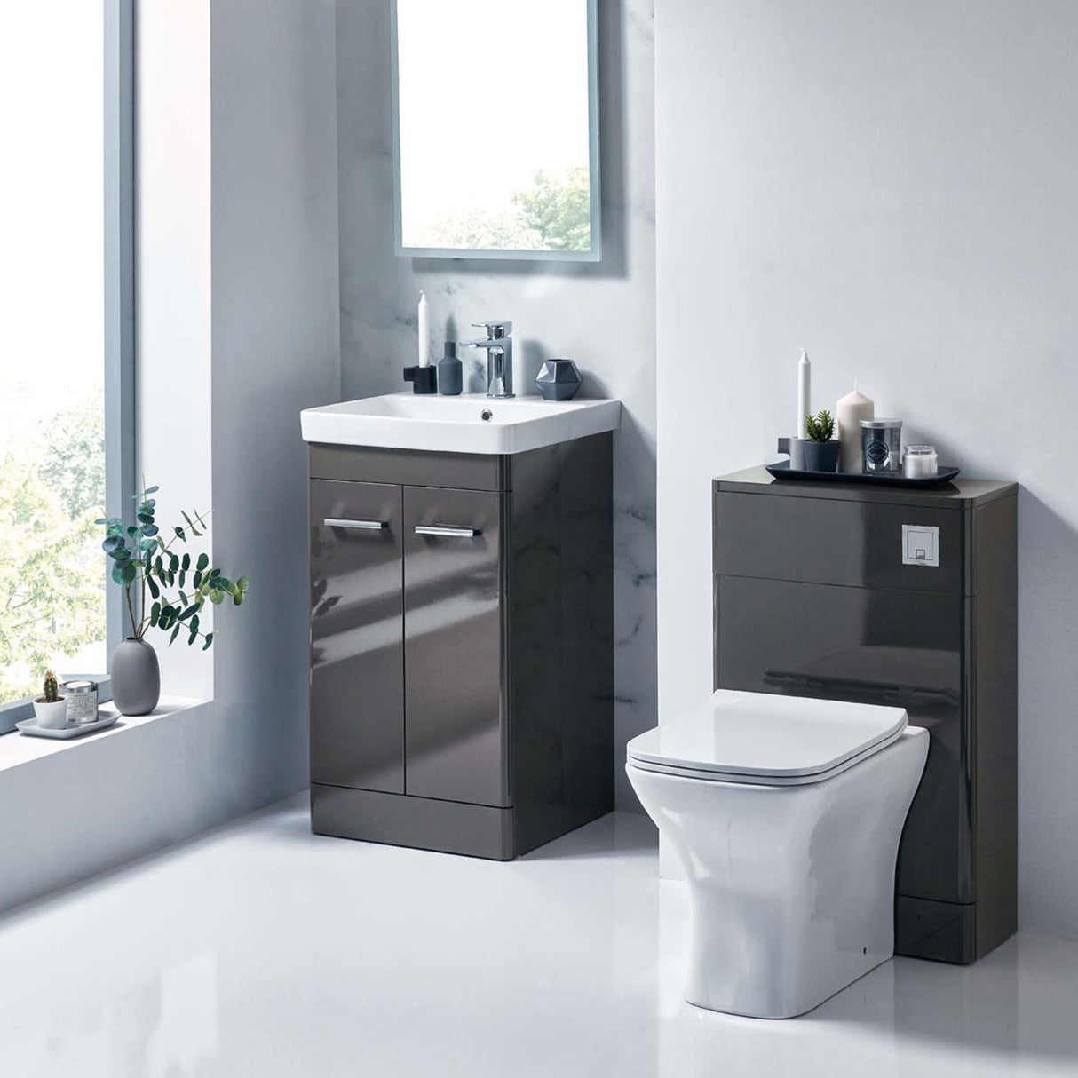 Scudo Rossini Back to Wall 500mm WC Unit in Gloss Wolf Grey lifestyle