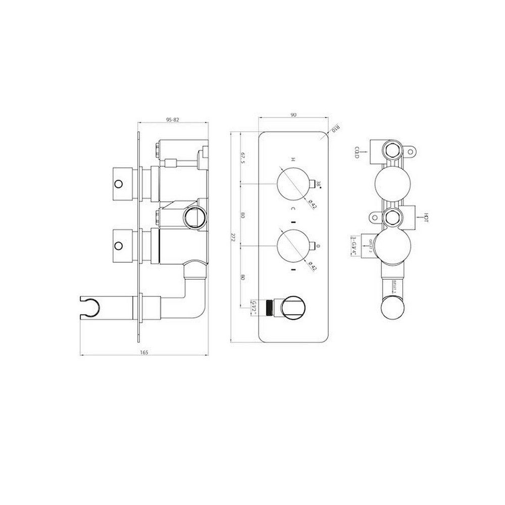 Scudo Rounded Chrome Handle Two Outlet Concealed Shower Valve with Diverter Dimensions