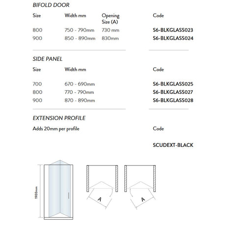 Scudo S6 Black Bifold Semi Frameless Shower Door Dimensions