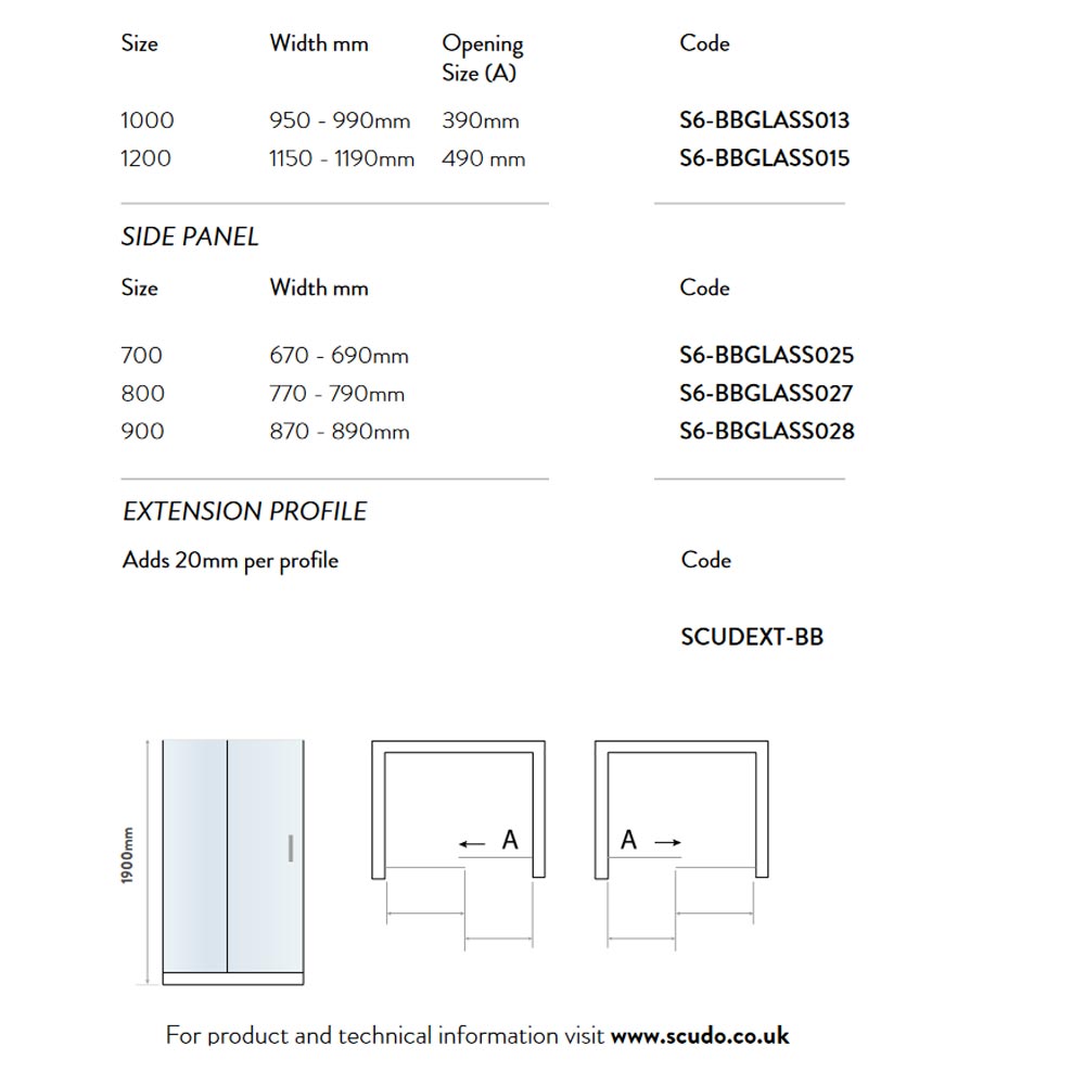 Scudo S6 Brushed Brass Sliding Shower Door Dimensions