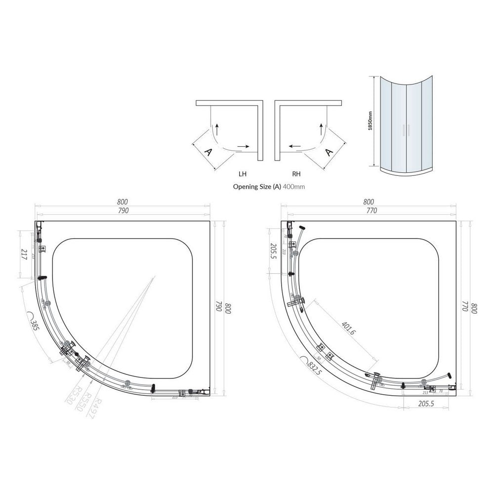 S6-GLASS001 Scudo S6 Chrome 800mm Double Door Quadrant Shower Enclosure Line Drawing