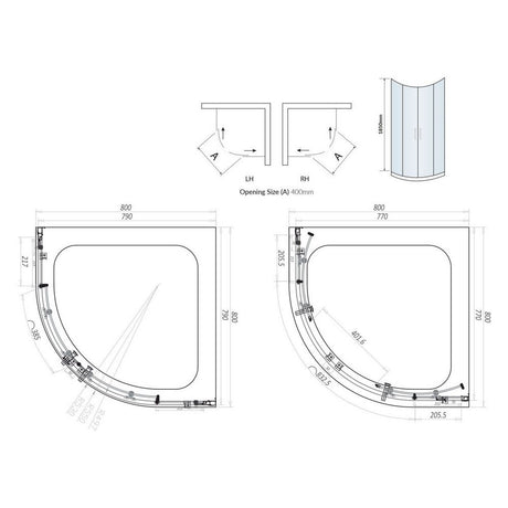 S6-GLASS001  Scudo S6 Chrome 800mm Double Door Quadrant Shower Enclosure Line Drawing