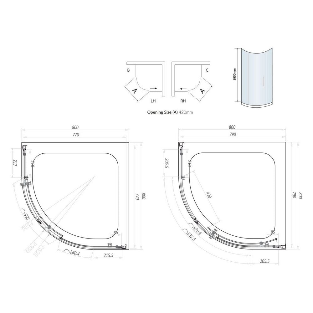 S6-GLASS007 Scudo S6 Chrome 800mm Single Door Quadrant Shower Enclosure Line Drawing