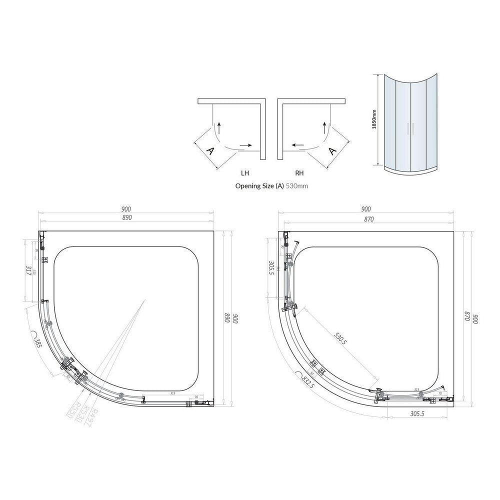 S6-GLASS002 Scudo S6 Chrome 900mm Double Door Quadrant Shower Enclosure Line Drawing