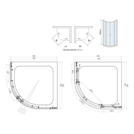 S6-GLASS002 Scudo S6 Chrome 900mm Double Door Quadrant Shower Enclosure Line Drawing