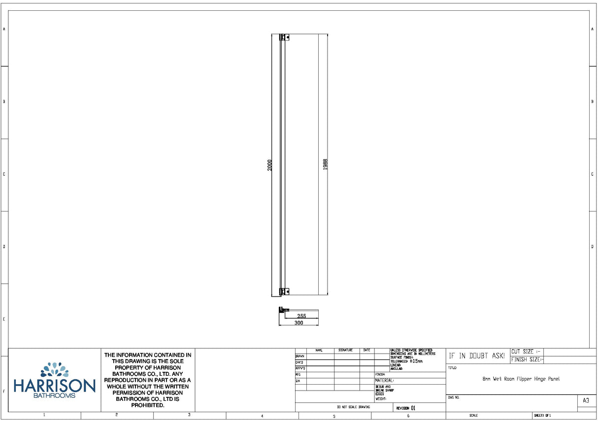 Scudo S8 300mm Clear Flipper Panel with Fluted Hinge in Brushed Bronze dimensions