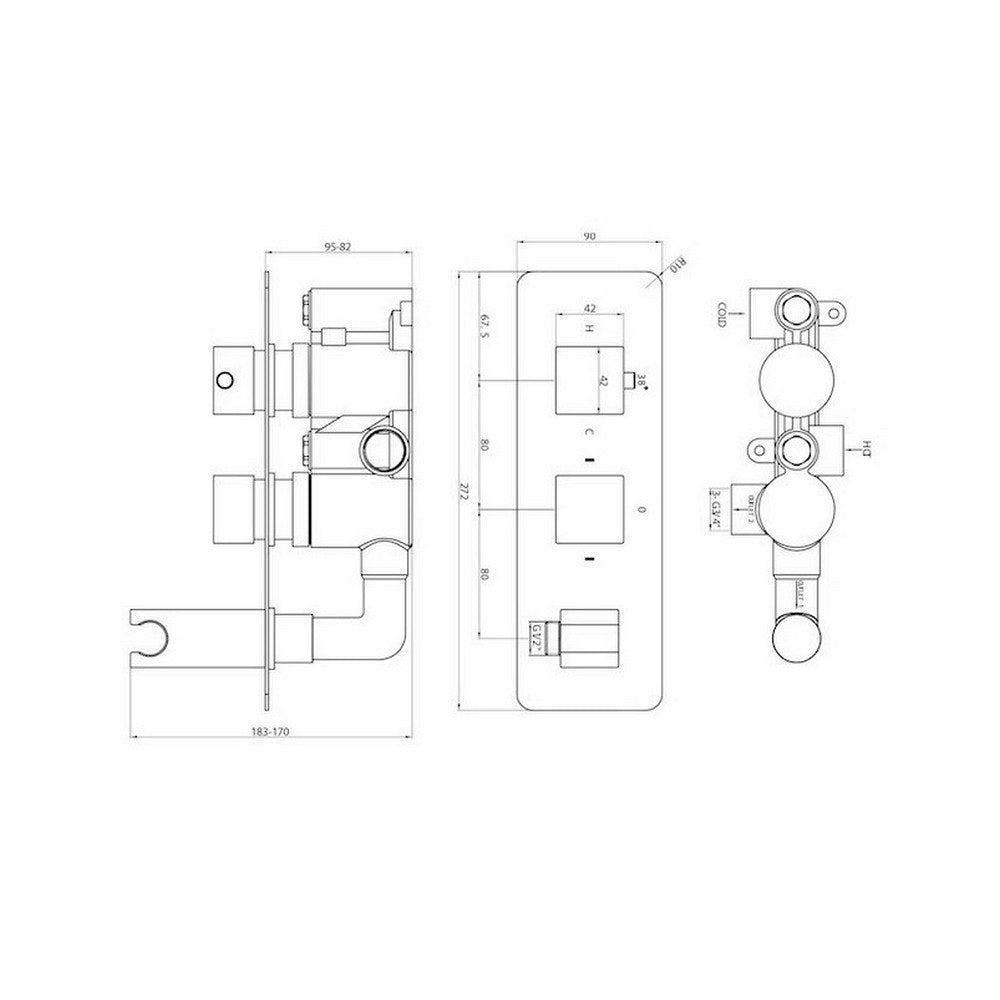 Scudo Squared Chrome Handle Two Outlet Concealed Shower Valve with Diverter Dimensions